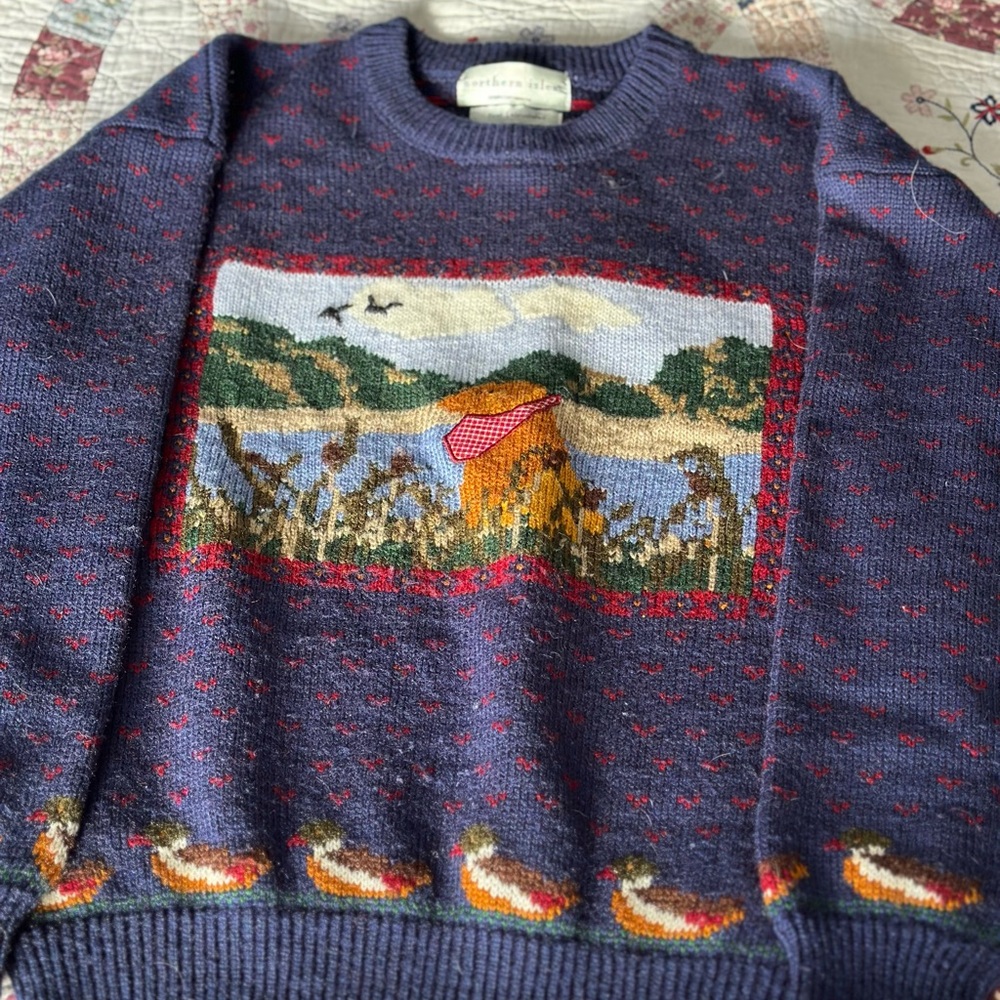 Northern Isles Navy Sweater with Dog and Ducks